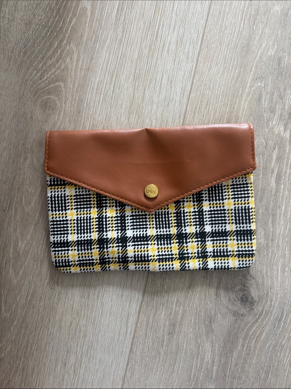 ipsy Plaid Clutch with Tan Flap